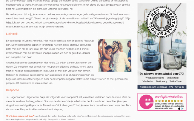 Column 'Latijns-Amerikaanse Flirtlessen'. Geschreven door Doris Furcic. Gepubliceerd op de website van het online stadsmagazine Leuk!070.