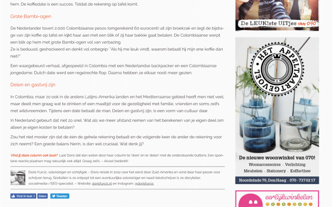 Column 'Going Dutch'. Geschreven door Doris Furcic. Gepubliceerd op de website van het online stadsmagazine Leuk!070.