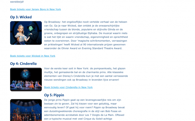 Artikel 'Top 7 Broadway musicals in New York' op de website van ANWB