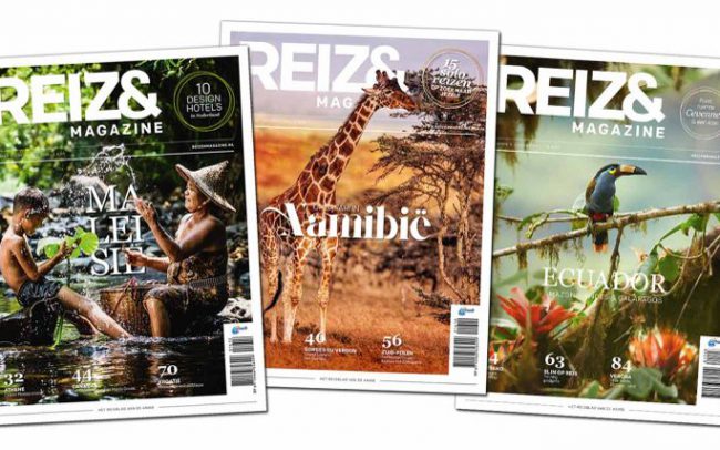Afbeelding van een aantal bladen van Reizen Magazine van de ANWB.